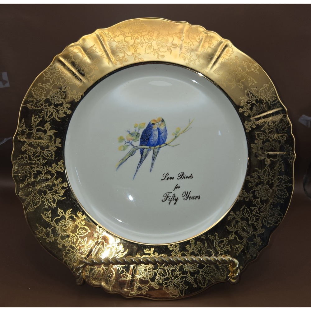 50th Anniversary Plate 22k Gold Wide Ribbon Scalloped‎ Edge " Love Birds For...